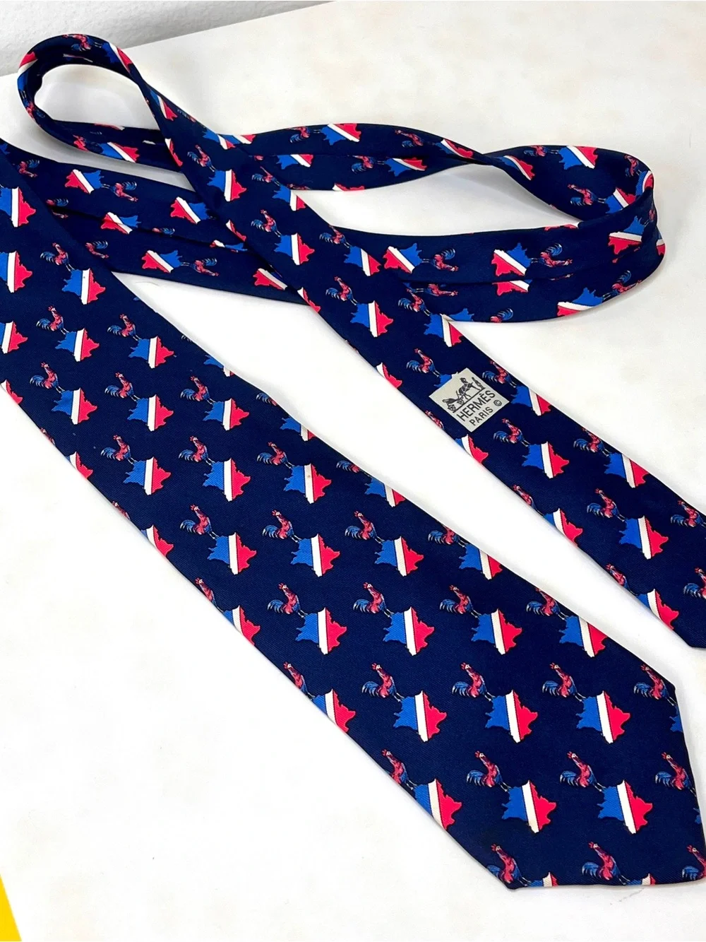 Hermes Navy Tie with Red, White & Blue Rooster and France Motif